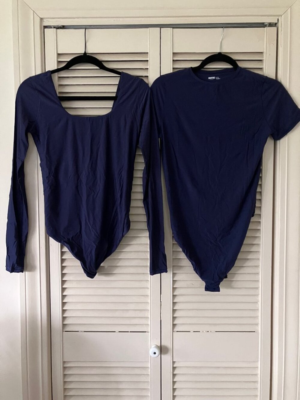 Two Smoothez XL Navy Blue Bodysuits: Long Sleeve Thong, Short Sleeve High Neck